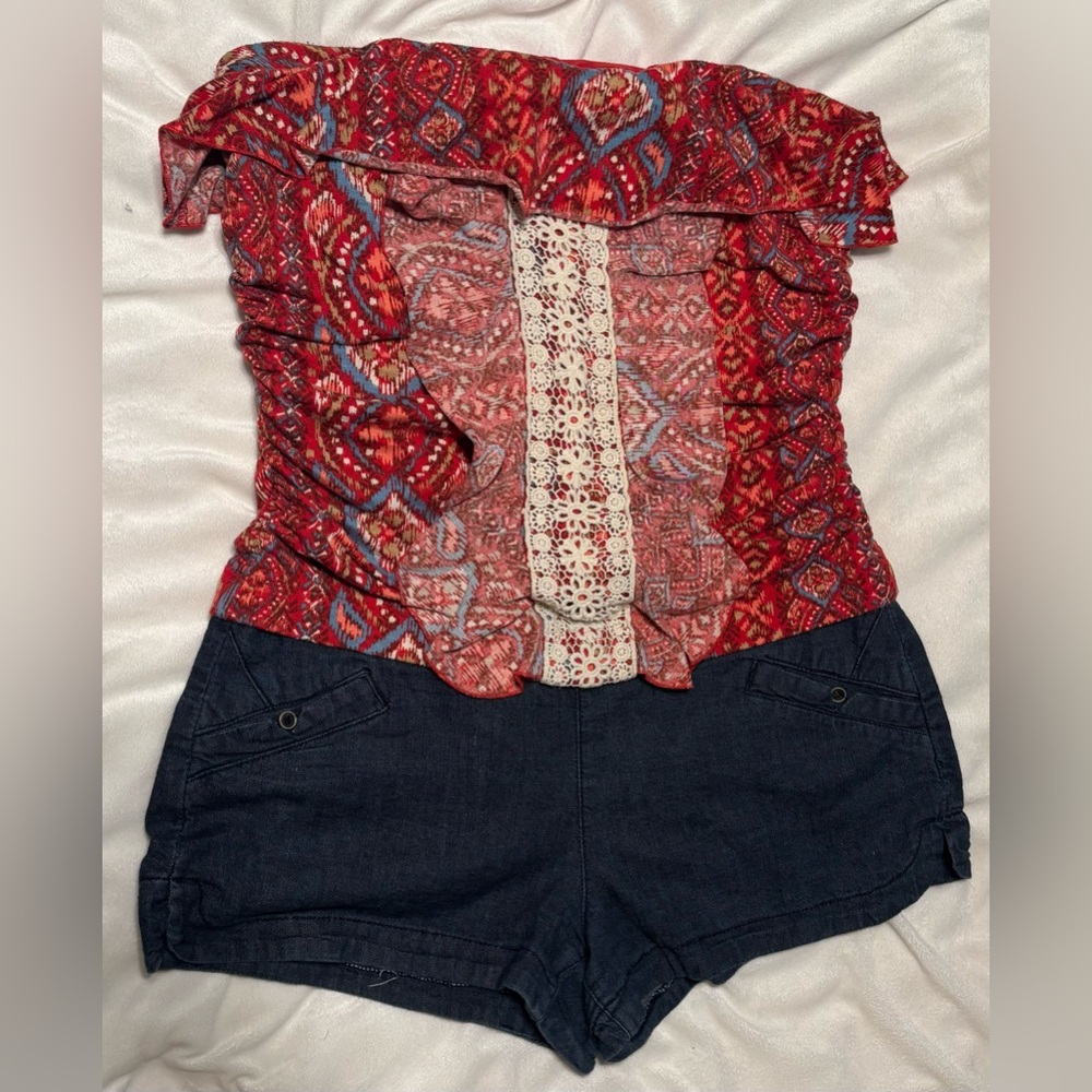 Red Patterned Women's Ruffled Tube Top/Romper with Lace Trim and Denim Shorts